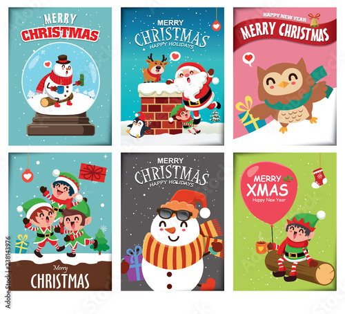 Vintage Christmas poster design with vector snowman, reindeer, owl, penguin, Santa Claus, elf, characters.