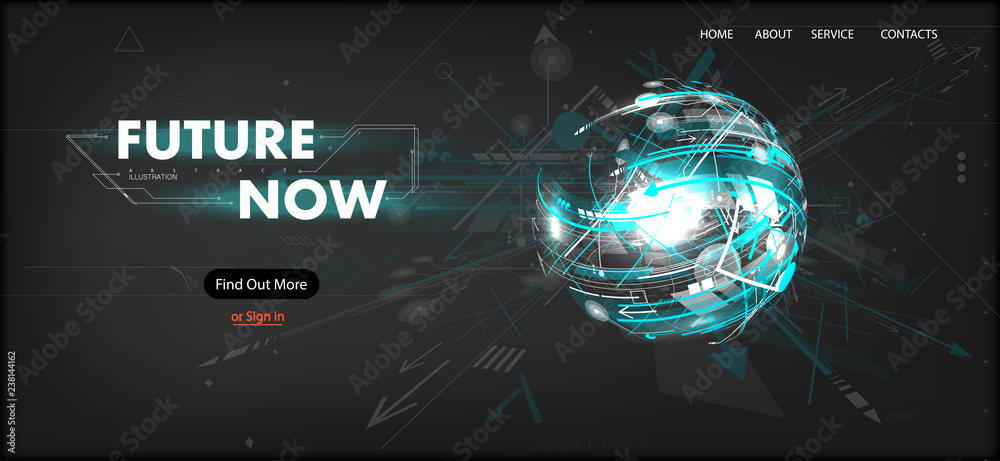 3D Futuristic Technology Website Template. Landing Page, Big Data, Virtual Reality, Artificial Intelligence, Hologram Screen, Science Fiction, Security System. Mock up website. Vector illustration