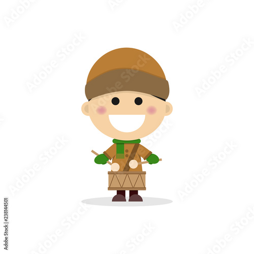 Christmas child playing drum. Vector illustration