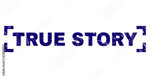 TRUE STORY text seal watermark with grunge texture. Text tag is placed between corners. Blue vector rubber print of TRUE STORY with grunge texture.