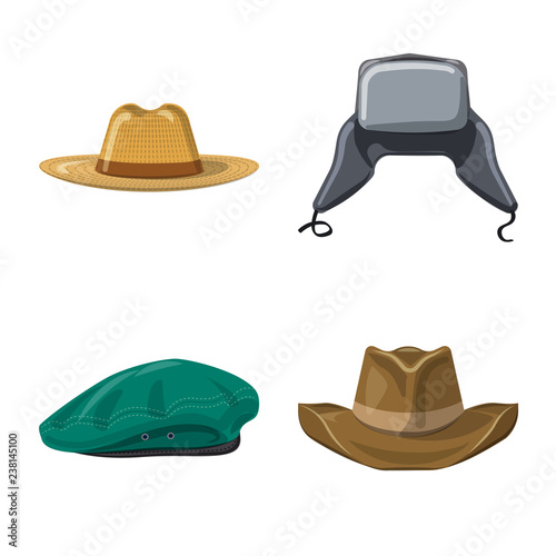 Vector illustration of headgear and cap logo. Set of headgear and accessory stock symbol for web.