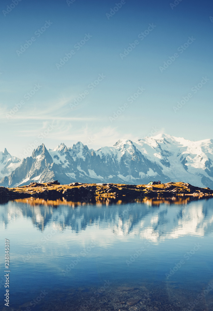 Great Mont Blanc glacier with Lac Blanc. Location Graian Alps, France, Europe.