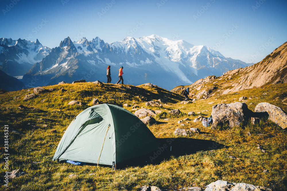 Great Mont Blanc glacier with Lac Blanc. Location Graian Alps, France, Europe.