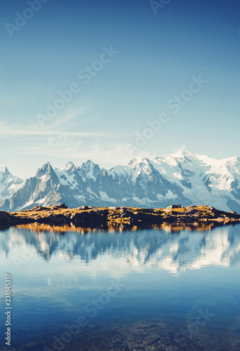 Great Mont Blanc glacier with Lac Blanc. Location Graian Alps, France, Europe.