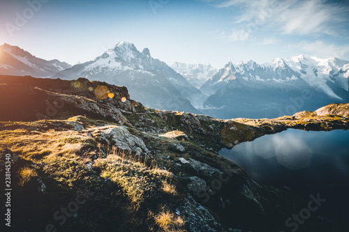 Great Mont Blanc glacier with Lac Blanc. Location Graian Alps, France, Europe.