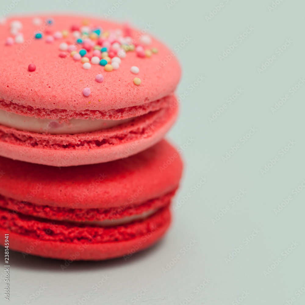 Bright delicious macaroons. French sweets. Pink cake