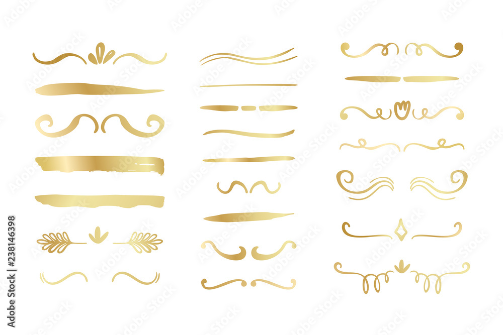Hand drawn golden gradient borders, brackets, swirls, dividers set. Vector ink brush elements.