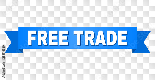 FREE TRADE text on a ribbon. Designed with white title and blue stripe. Vector banner with FREE TRADE tag on a transparent background.