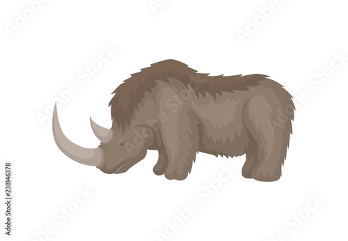 Large woolly rhino from ice age. Extinct mammal animal with two horns. Flat vector design