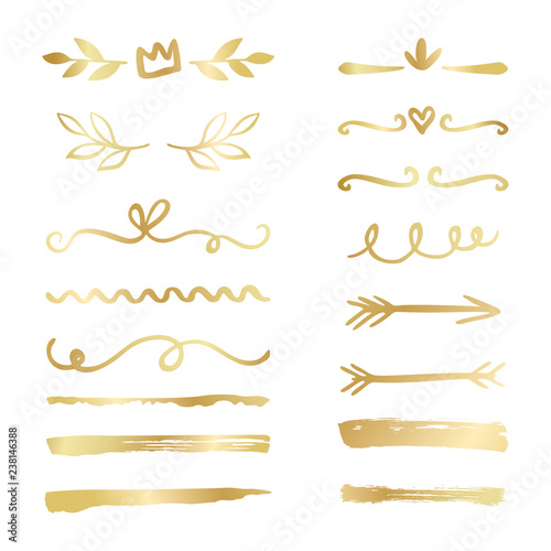 Hand drawn golden gradient borders, brackets, swirls, dividers set. Vector ink brush elements.