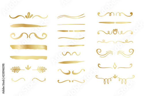 Hand drawn golden gradient borders, brackets, swirls, dividers set. Vector ink brush elements.