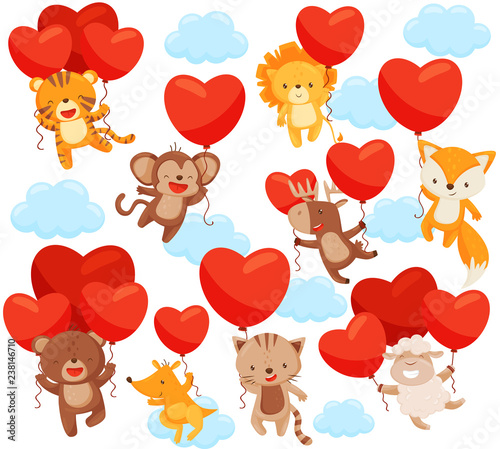 Set of cute animals flying in the sky with heart-shaped balloons. Love theme. Flat vector elements for postcard