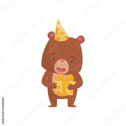 Adorable brown bear holding preset in paws. Humanized forest animal. Flat vector element for Birthday postcard