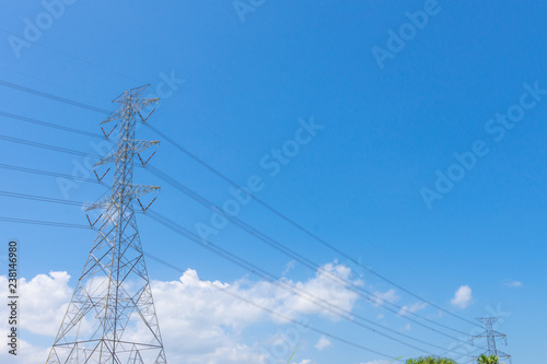Electricity concept. Close up high voltage power lines station.