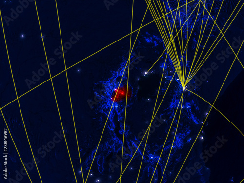 Rwanda from space on model of planet Earth at night with networks. Detailed planet surface with city lights. photo