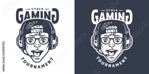 Happy young gamer in headset emblem