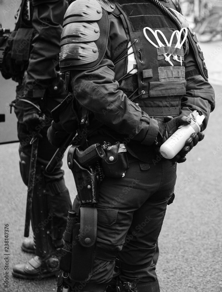 French Police officers securing the zone in front of the yellow vests movement protesters on Quai des Bateliers street woman officer with tear gas bottle ready to use it - black and white. French Police officers securing the zone in front of the yellow vests movement protesters on Quai des Bateliers street woman officer with tear gas bottle ready to use it - black and white.
