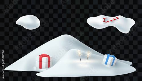 White winter landscape and snow templates with gifts, candy and sparklers on transparent background.