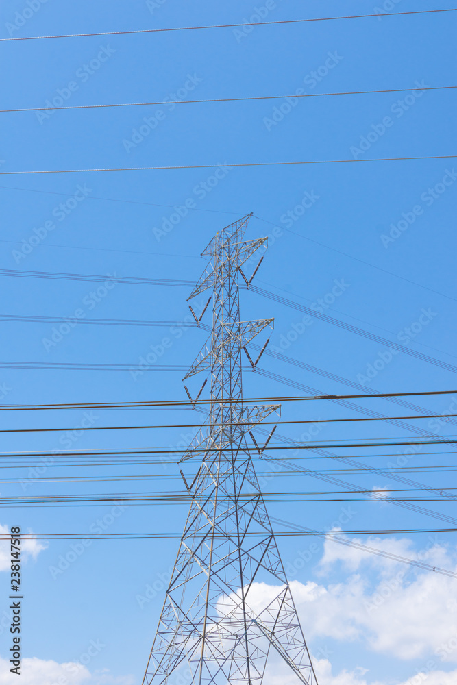 Fototapeta premium Electricity concept. Close up high voltage power lines station.