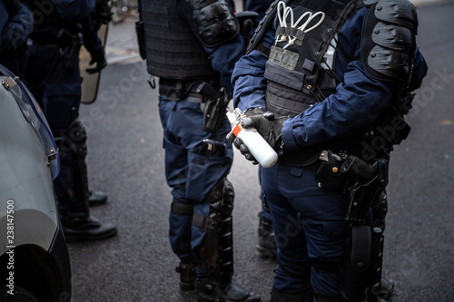 French Police officers securing the zone in front of the yellow vests movement protesters on Quai des Bateliers street woman officer with tear gas bottle ready to use it focus on bottle, 