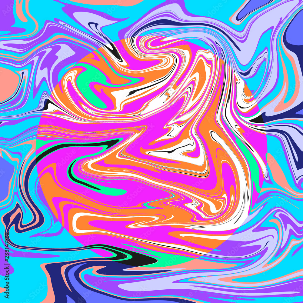 Abstract psychedelic marble art with acid bright pink, orange, blue and green colors. Memphis style