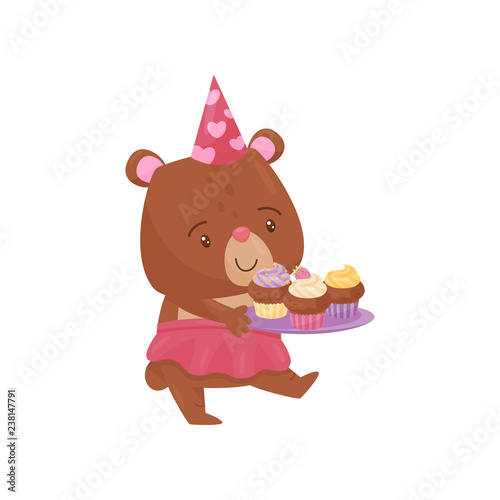 Cute girl bear walking with tray of delicious cupcakes. Adorable humanized animal. Flat vector icon