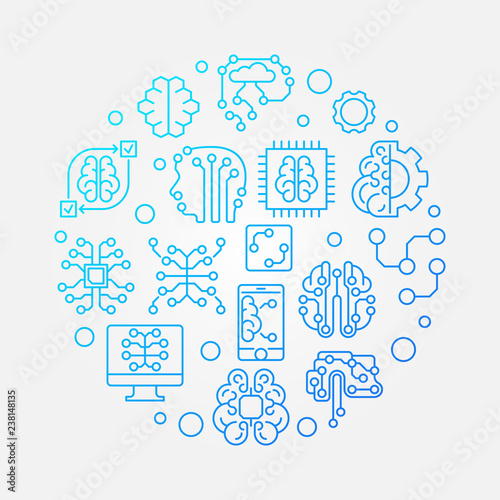 Digital Brain round vector blue illustration. Machine learning and AI outline icons in circle shape on white background