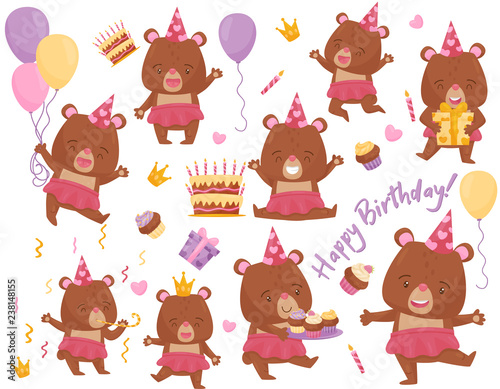 Set of happy girl bear in different actions. Adorable humanized animal. Flat vector elements for Birthday postcard