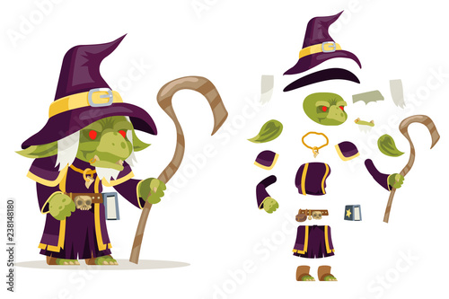 Evil goblin mage sorcerer warlock wiseman minion dungeon monster fantasy medieval action RPG game character layered animation ready character vector illustration