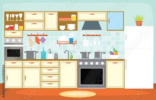 Kitchen Interior Furniture Cutlery Tableware Cooking Flat Illustration