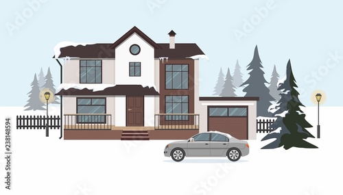 Modern cottage with gray car.  Wintertime. 