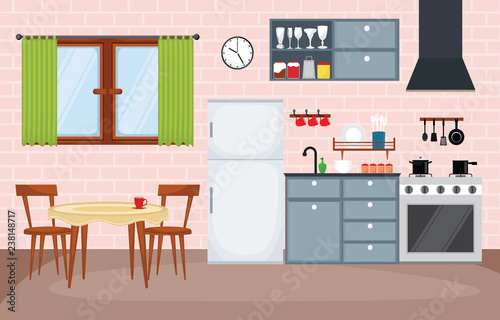 Kitchen Interior Furniture Cutlery Tableware Cooking Flat Illustration