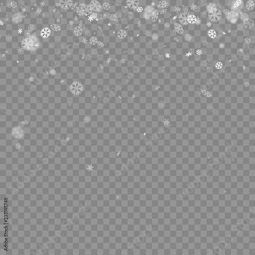 Winter transparent background with snowflakes for seasonal, Christmas and New Year decoration.