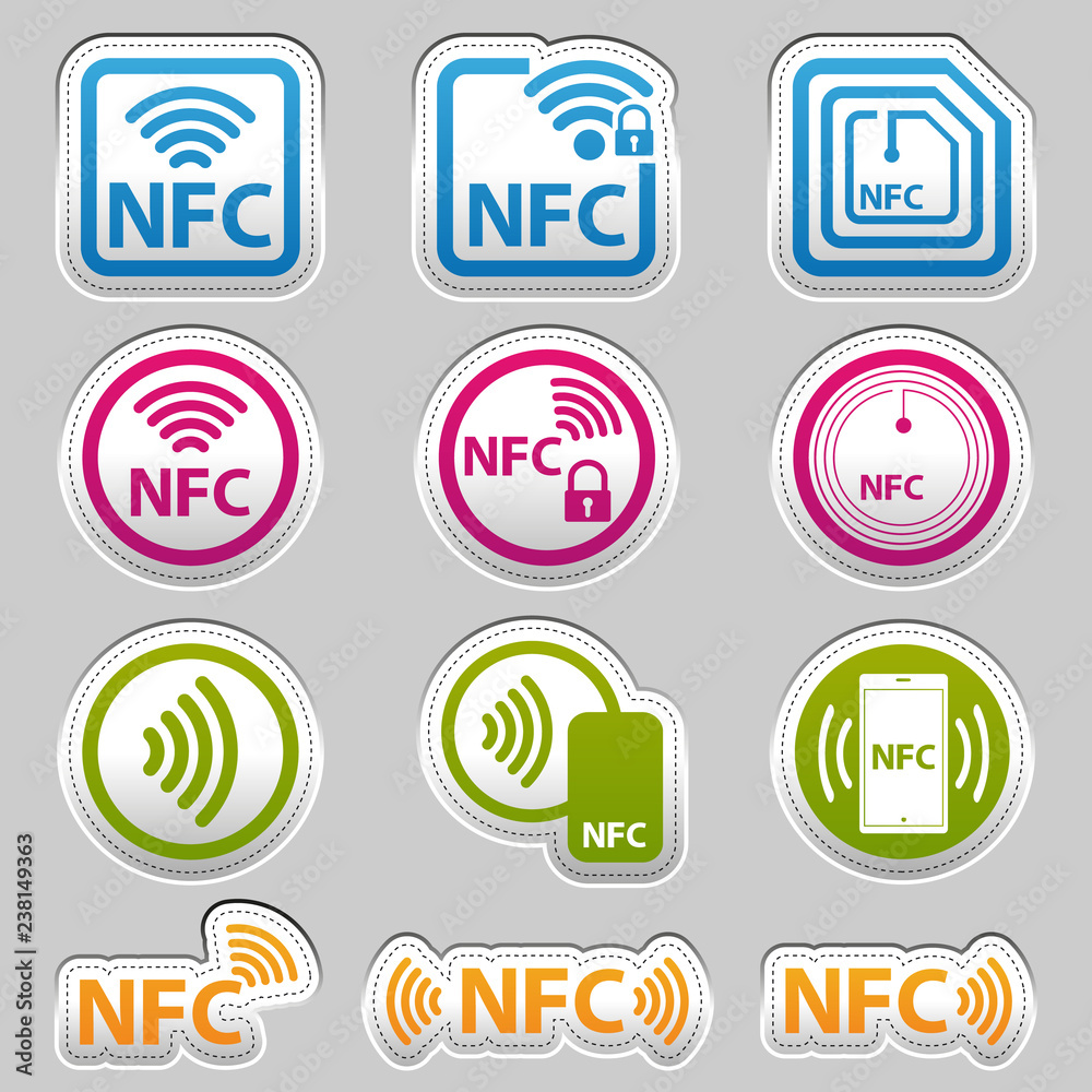 NFC Technology Icons - Silver Metallic Sticker - Colorful Vector Illustration - Isolated On Gray Background