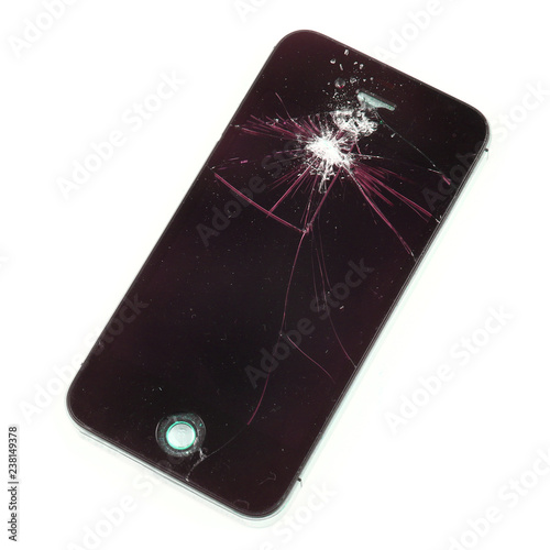 shattered, broken smartphone on white background