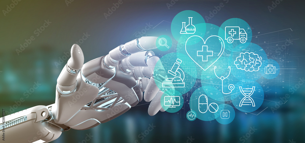 Cyborg hand holding a Medical icon and connection 3d rendering - obrazy, fototapety, plakaty 