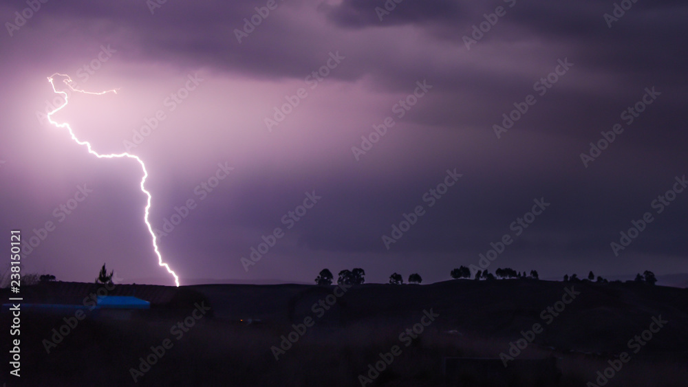 A lightening bolt during a storm in the Andes mountains, Ayacucho, Peru