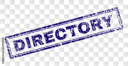 DIRECTORY stamp seal print with rubber print style and double framed rectangle shape. Stamp is placed on a transparent background. Blue vector rubber print of DIRECTORY tag with corroded texture.