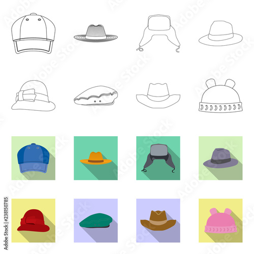 Vector illustration of headgear and cap sign. Set of headgear and accessory stock symbol for web.