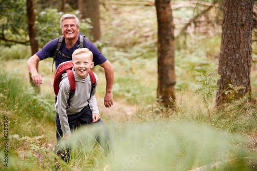 Grandfather and grandson hiking in a forest amongst greenery, front view