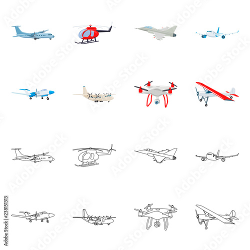 Vector design of plane and transport icon. Set of plane and sky vector icon for stock.