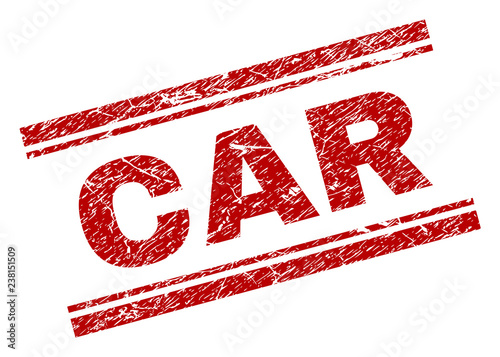 CAR seal stamp with grunge texture. Red vector rubber print of CAR text with grunge texture. Text label is placed between double parallel lines.