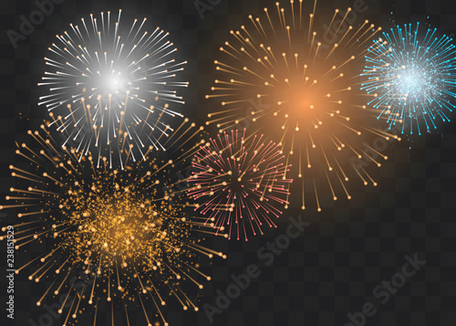 set of isolated vector fireworks on a transparent background.