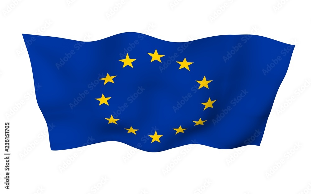 Slightly waving flag of the European Union isolated on white background, 3D rendering. Symbol of Europe. 3D illustration Slightly waving flag of the European Union isolated on white background, 3D rendering. Symbol of Europe. 3D illustration