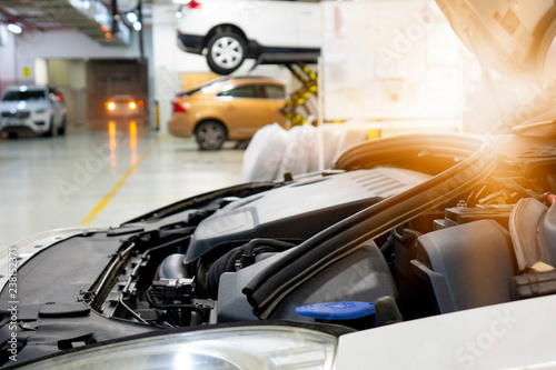 car repair station with soft-focus and over light in the background