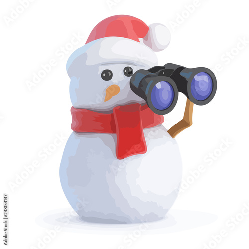 3d Snowman looks through binoculars