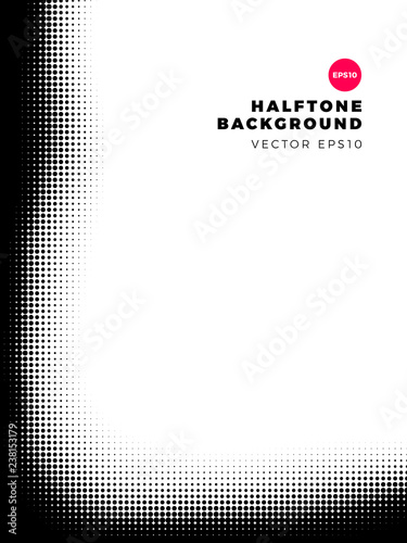 Halftone dots background, left and bottom frame, overlay pattern, vector illustration