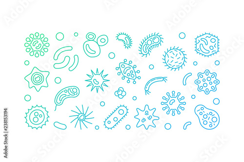 Pathogenicity bright line horizontal banner. Vector microbes and viruses illustration in thin line style on white background