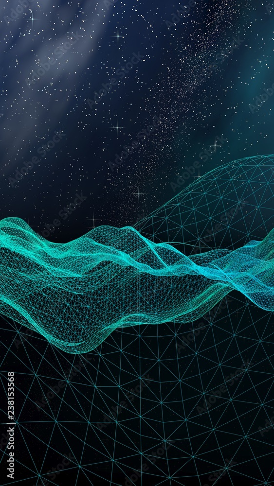 Fototapeta premium Star horizon. Abstract landscape on a dark background. Cyberspace grid. Hi-tech network. Outer space. Starry outer space texture. 3D illustration