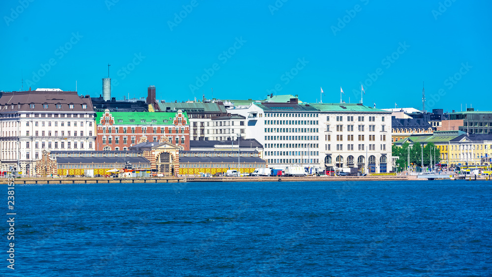 Helsinki in Finland, panorama of the town from the sea, typical buildings
